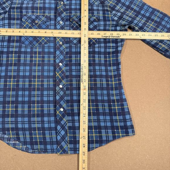 Vintage Pearl Snap Western Shirt Blue Plaid Long Tail Distressed Faded Flannel - Picture 8 of 8